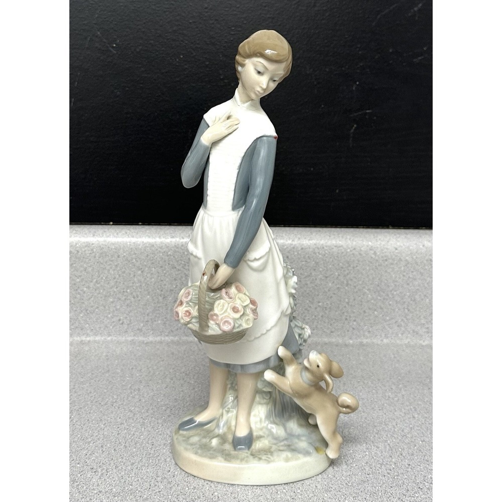 Vintage Rare - Nao by Lladro Figurine Girl With Basket's Flowers And Dog 11"